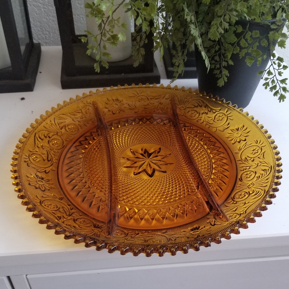 Vintage 1970s Plate 3 Part Amber